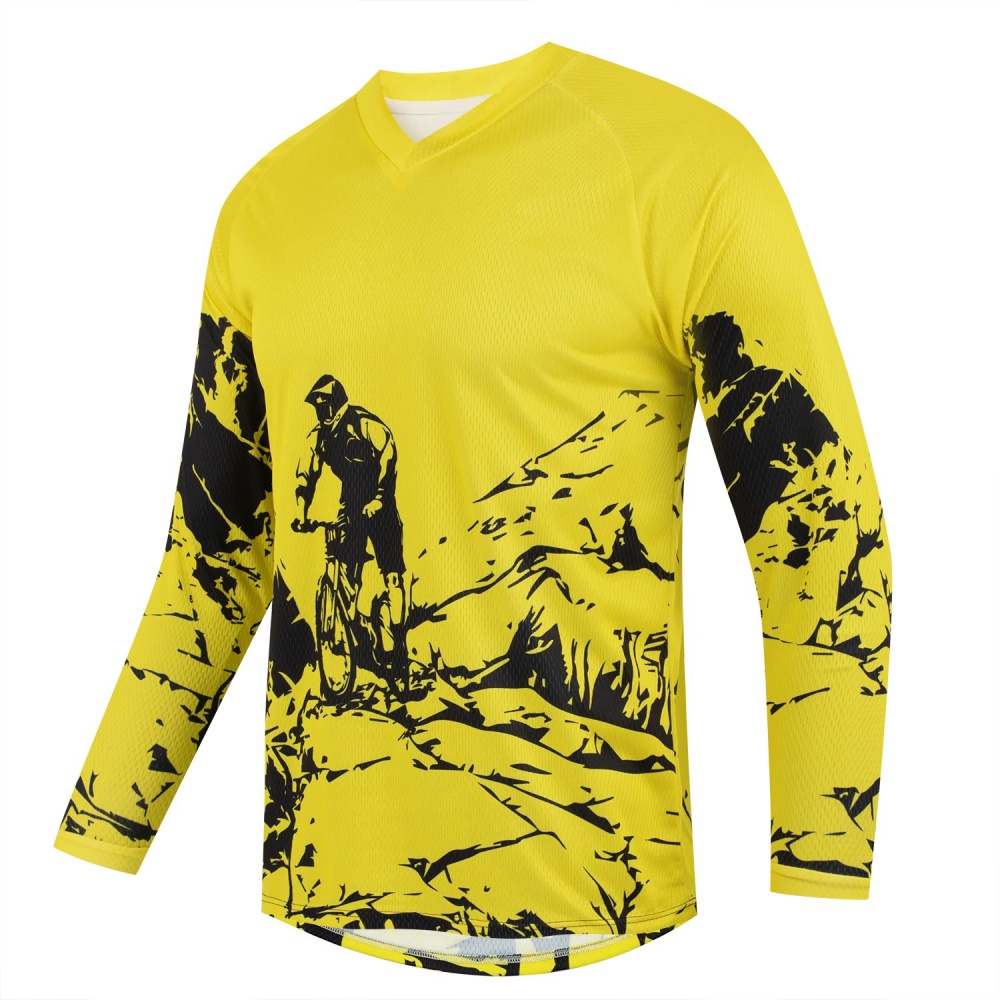 Mountain Biking Shop - เสื้อยืดแขนยาวพิมพ์ลายจักรยานเสือภูเขาสำหรับผู้ชาย ระบายอากาศได้ดี คอวี เหมาะสำหรับปั่นจักรยาน ออกกำลังกาย และสวมใส่ในชีวิตประจำวัน